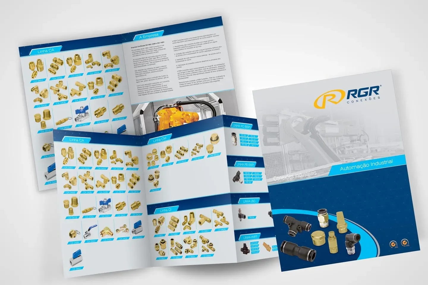 Catálogo de produtos com diagramação e layout técnico.