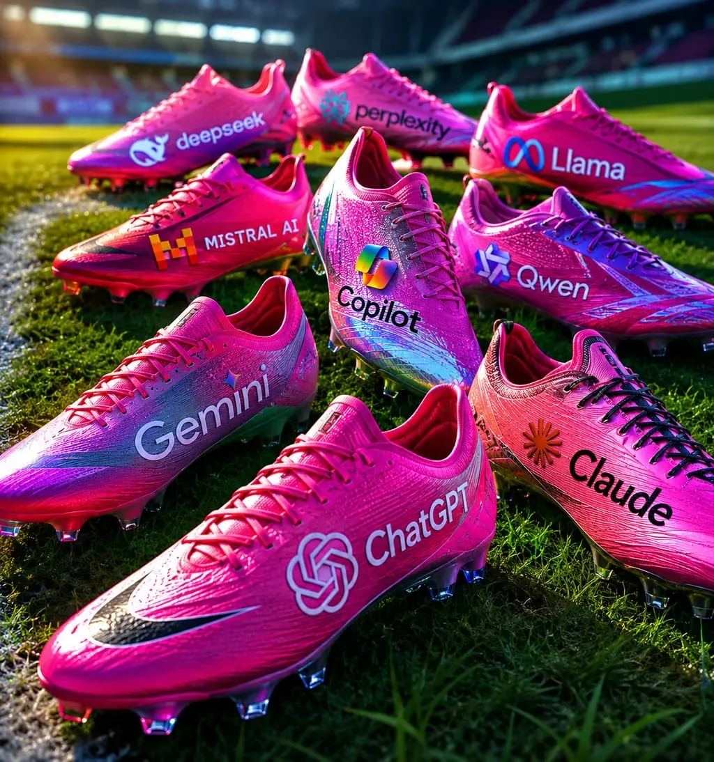 Chuteiras de marcas rivais, cada uma estampada com o nome de uma IA — ChatGPT, Gemini, Claude, Copilot, Qwen, Llama, Mistral, Perplexity, DeepSeek — todas na mesma cor rosa.