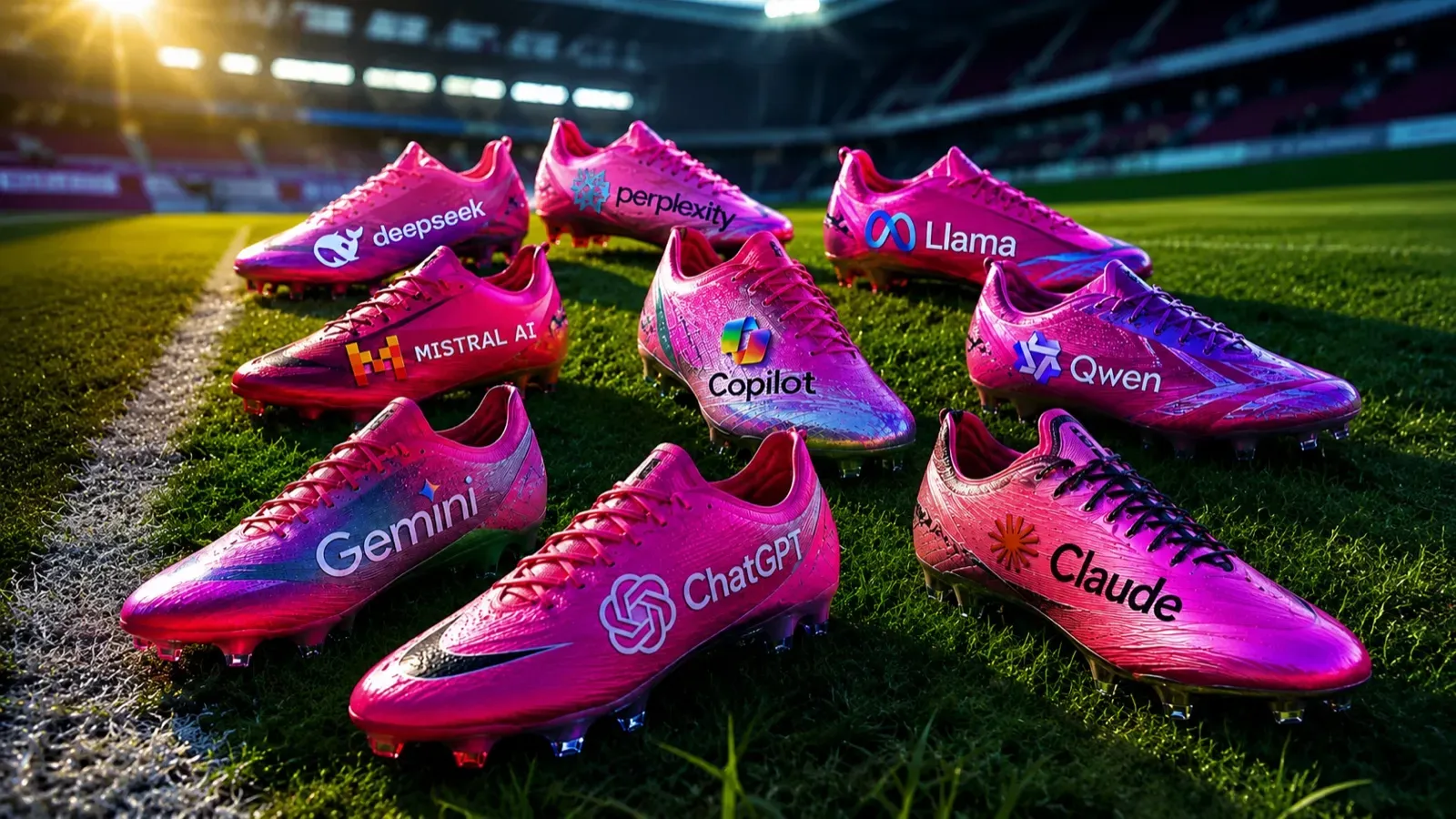 Chuteiras de marcas rivais, cada uma estampada com o nome de uma IA — ChatGPT, Gemini, Claude, Copilot, Qwen, Llama, Mistral, Perplexity, DeepSeek — todas na mesma cor rosa.
