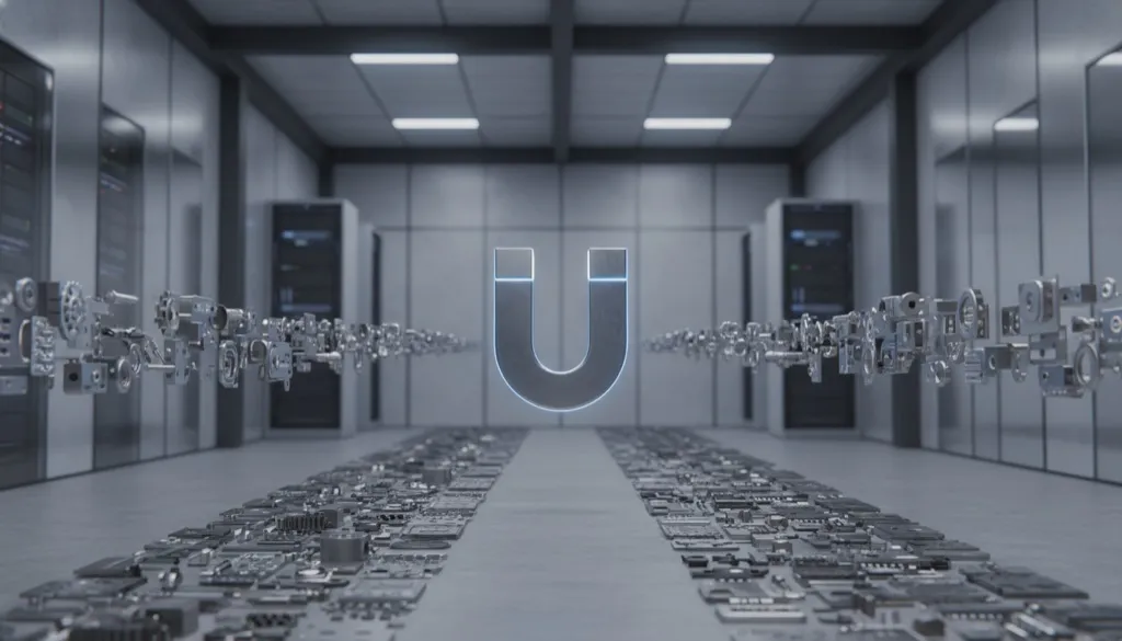 Ímã estilizado atraindo peças de metal organizadas, simbolizando a atração de clientes qualificados em um ambiente industrial.