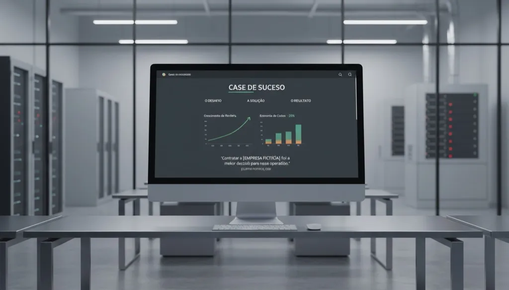 Página de estudo de caso em um monitor, destacando gráficos de crescimento e uma citação do cliente em destaque.