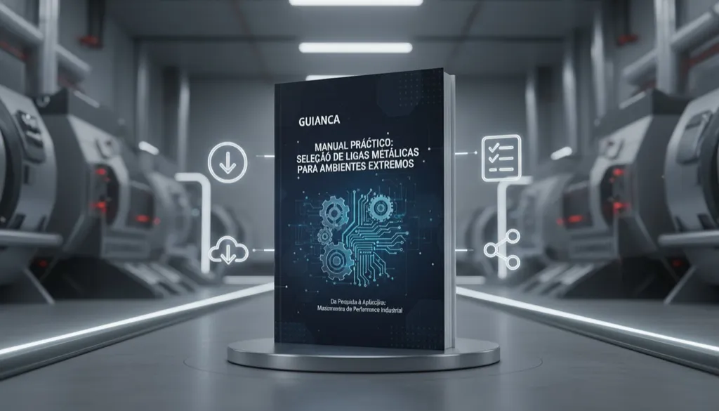 Capa de um e-book digital com título técnico impactante, cercada por ícones de download, checklist e compartilhamento.