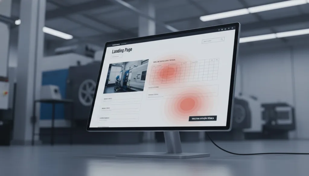 Monitor exibindo wireframe de landing page otimizada com áreas de calor indicando foco no botão de cotação e especificações técnicas.