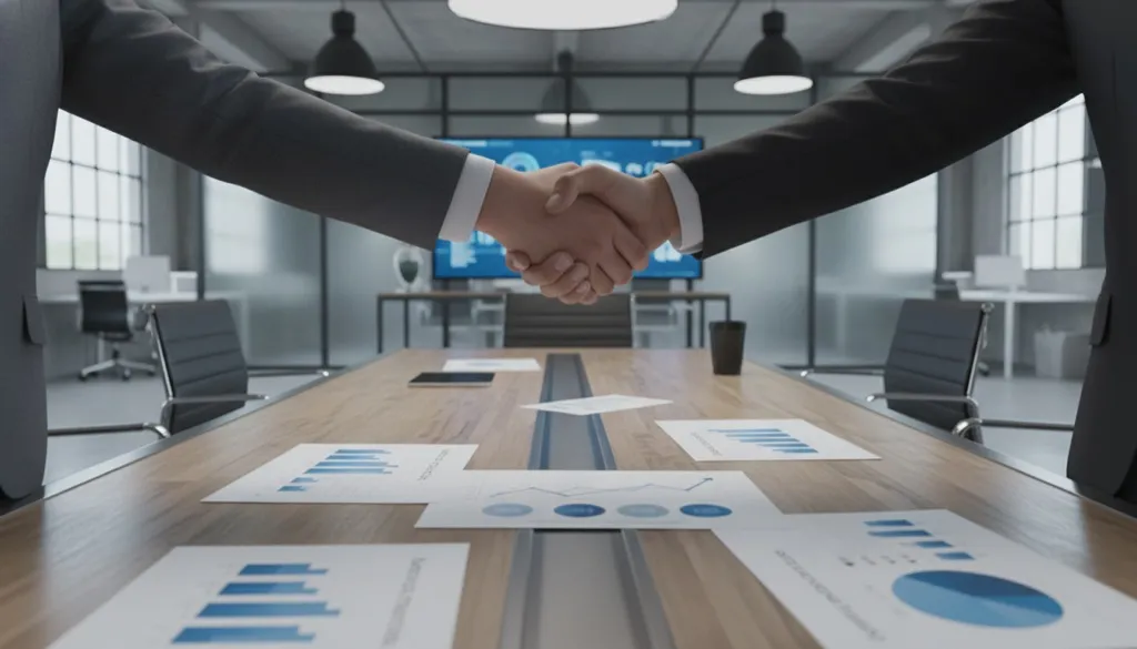 Reunião entre diretor industrial e equipe de agência de marketing especializada, analisando dados de cotações e pipeline comercial em dashboard.