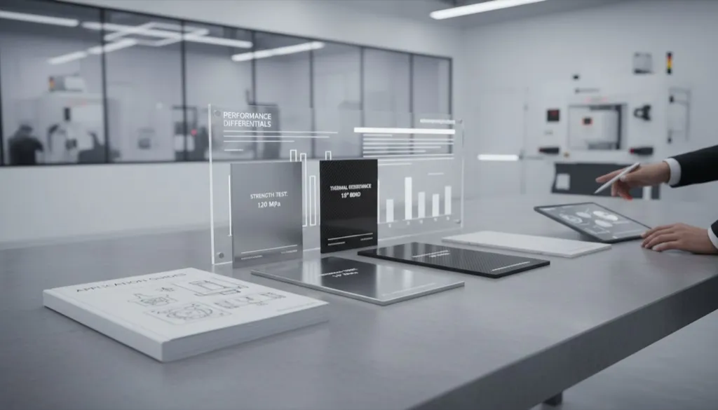 Mesa de reunião com tablet exibindo uma lâmina comercial moderna com gráficos técnicos, comparativos de ROI e o logo da RudekWydra.