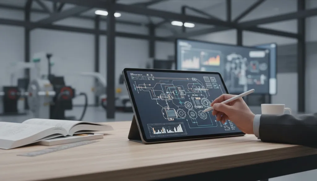 Mão desenhando um esquema técnico complexo em um tablet, transformando ideias de engenharia em conteúdo digital acessível.