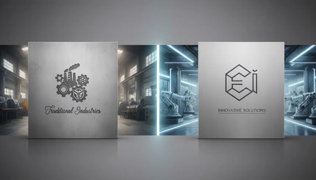 Composição mostrando o "antes e depois" de uma marca industrial, evoluindo de um logo complexo para um símbolo minimalista e técnico.
