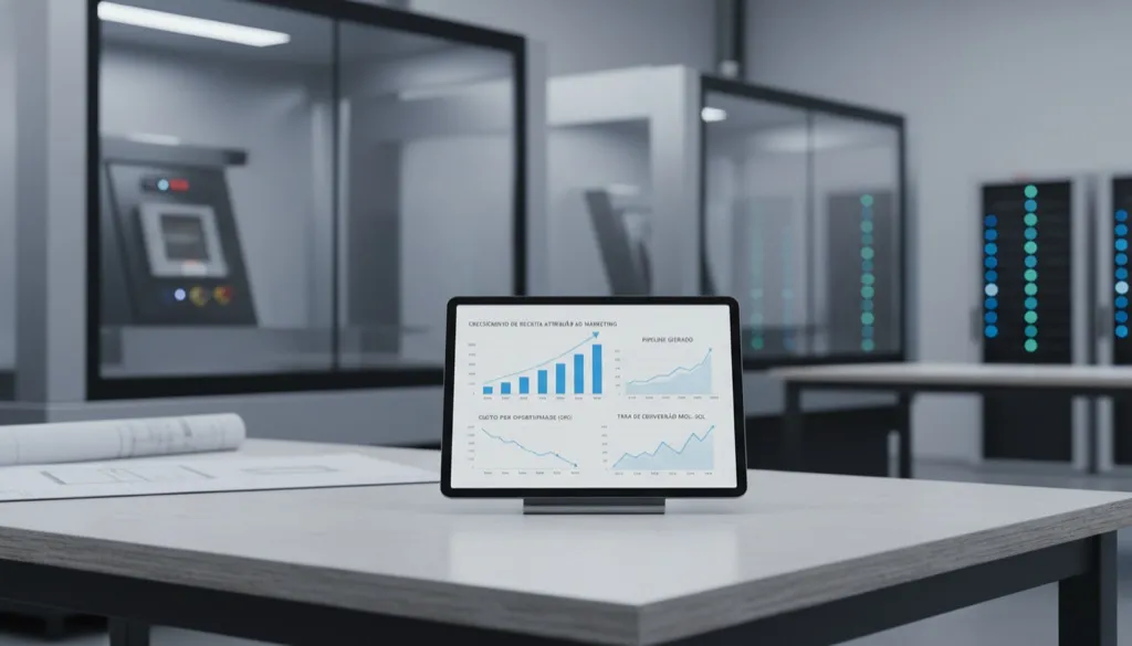 Dashboard financeiro em tablet mostrando gráficos de crescimento de receita atribuída ao marketing, ignorando métricas de vaidade.