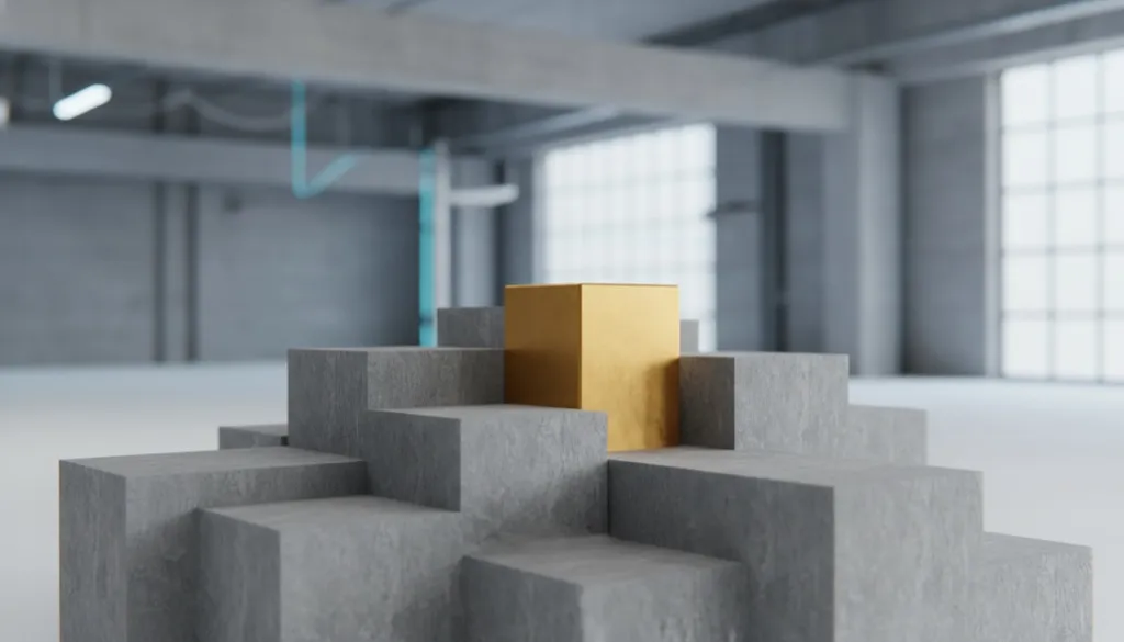 Composição 3D minimalista com blocos cinza e um bloco dourado em destaque, representando diferenciação e posicionamento de mercado.