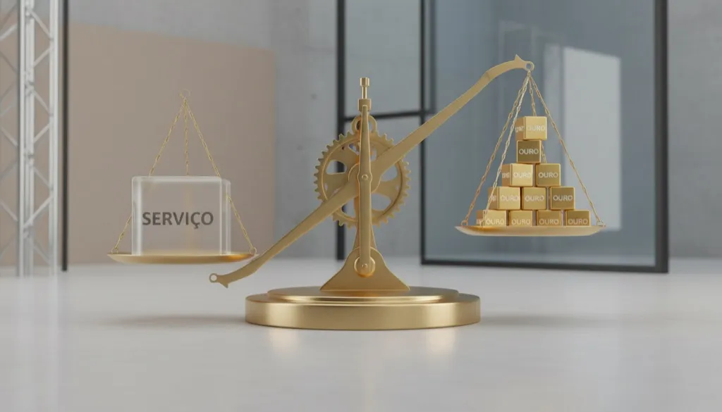 Balança de precisão dourada equilibrando um cubo de "Serviço" e vários cubos de "Ouro", representando o valor percebido superando o preço.