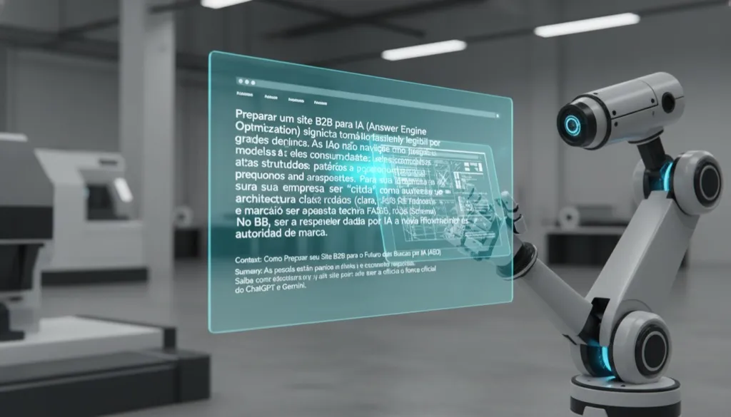 Robô futurista (IA) lendo um site industrial e destacando uma resposta técnica direta para um usuário em um holograma.