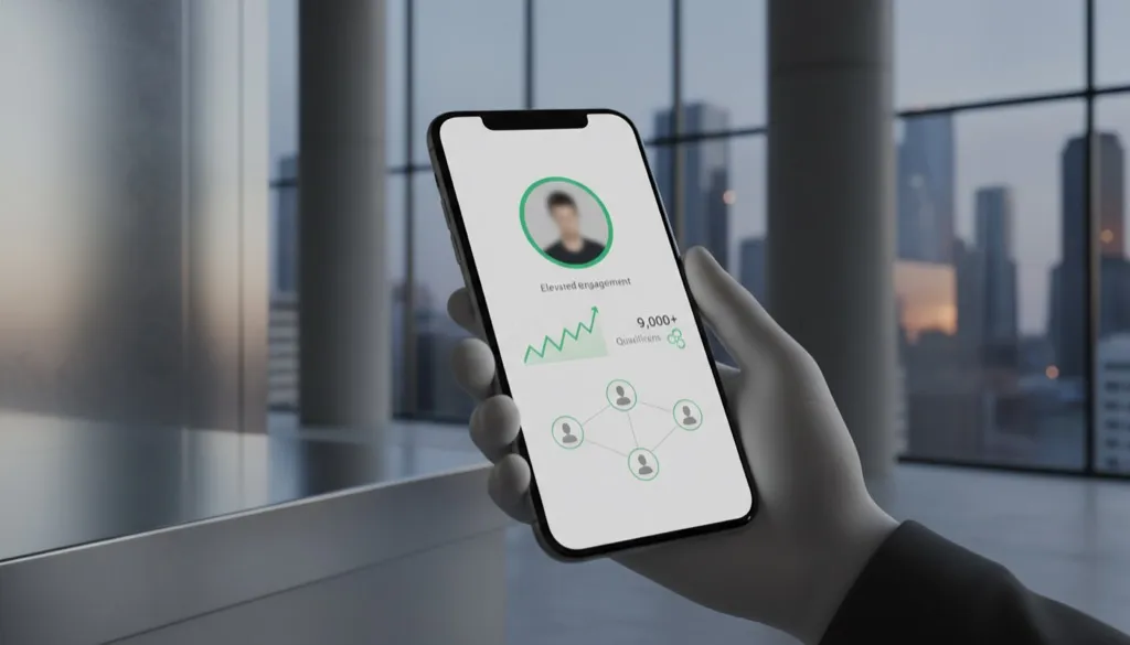 Tela de smartphone exibindo perfil profissional no LinkedIn com métricas de engajamento altas e conexões qualificadas.