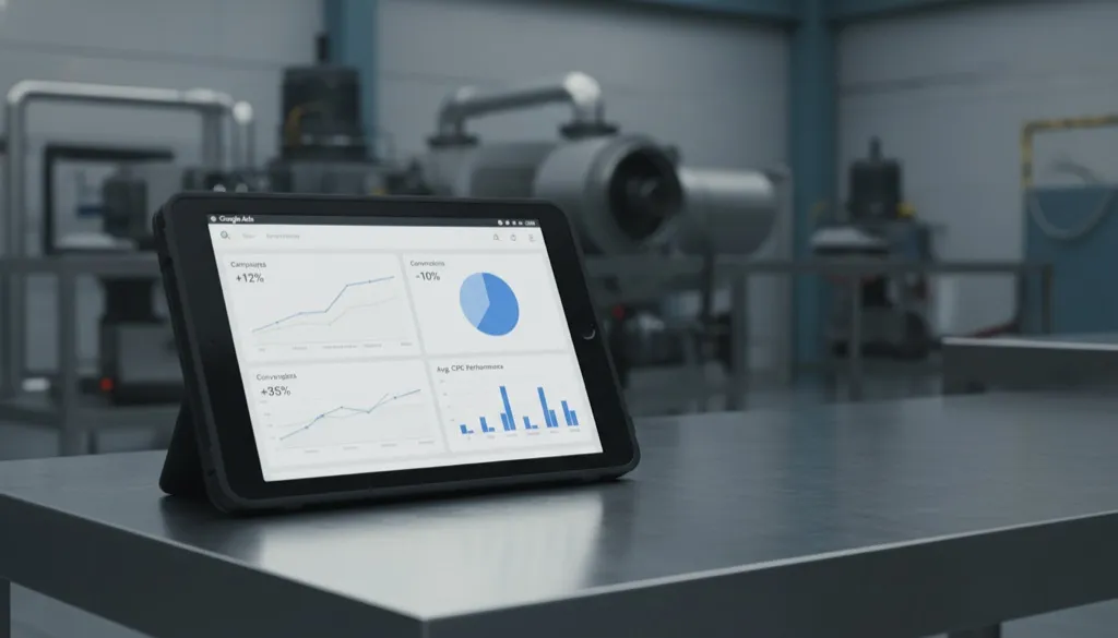 Tablet robusto sobre bancada industrial exibindo dashboard do Google Ads com métricas de desempenho e gráficos de busca.
