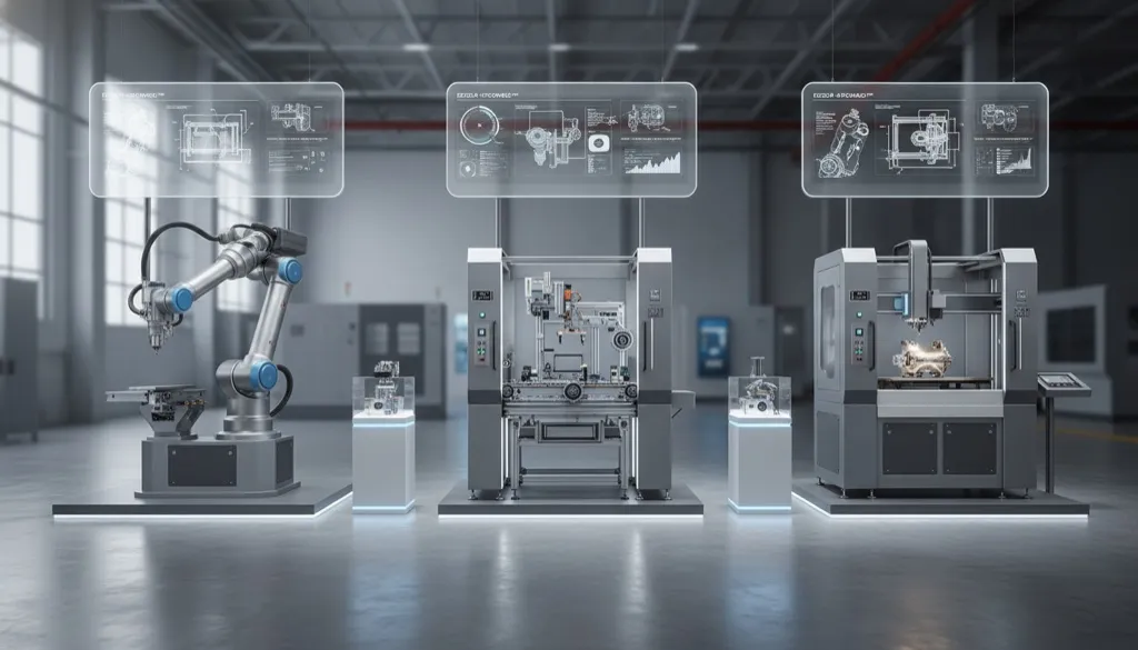 Foto em close de uma máquina industrial de alta precisão em funcionamento, com faíscas controladas e foco nos detalhes da construção robusta.
