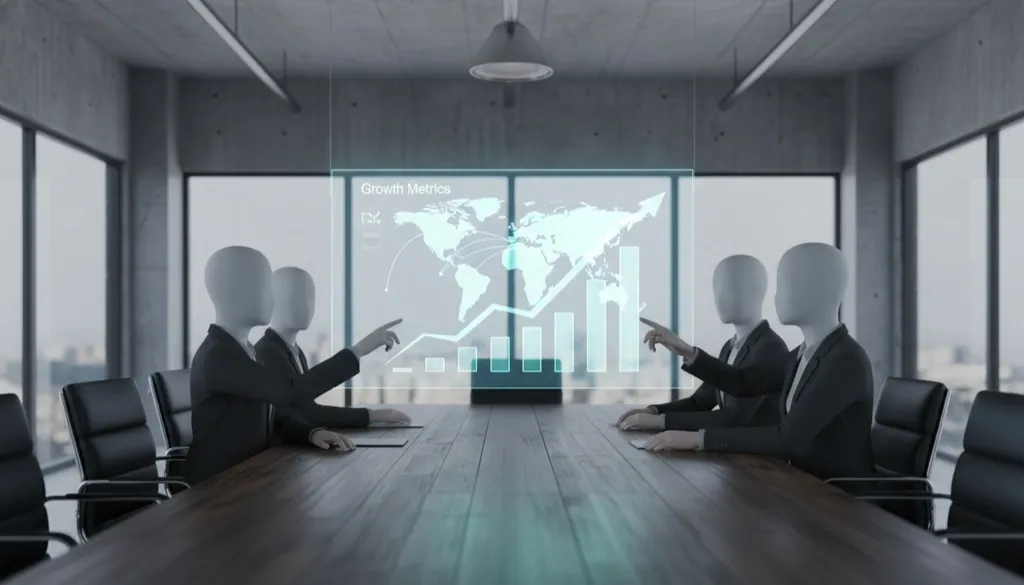 Sala de reuniões moderna com projeção holográfica de gráficos de crescimento e mapa global, representando planejamento estratégico B2B.