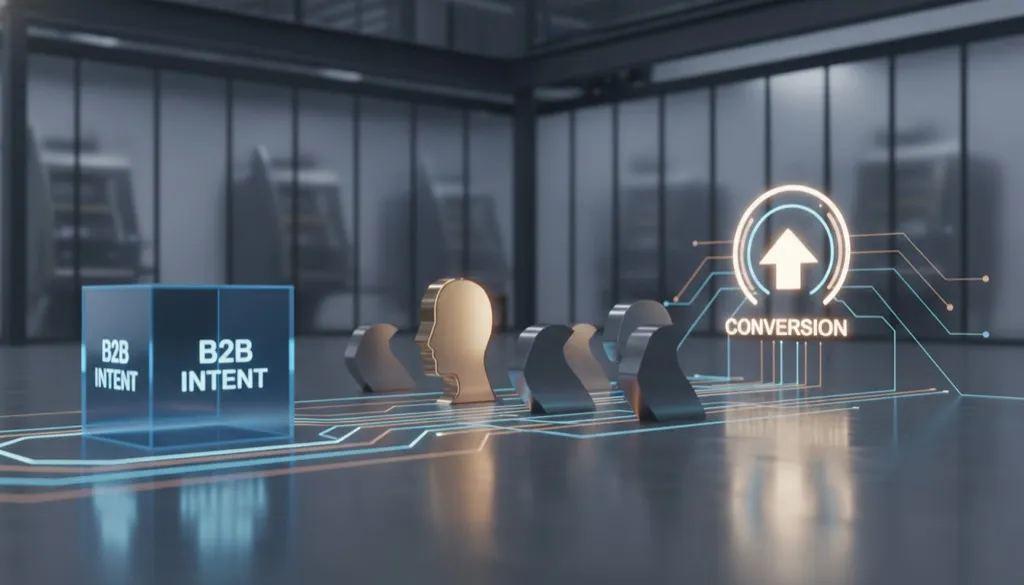 Ilustração de um caminho de migalhas digitais (anúncios) levando um decisor de volta para a página de orçamento de uma indústria.