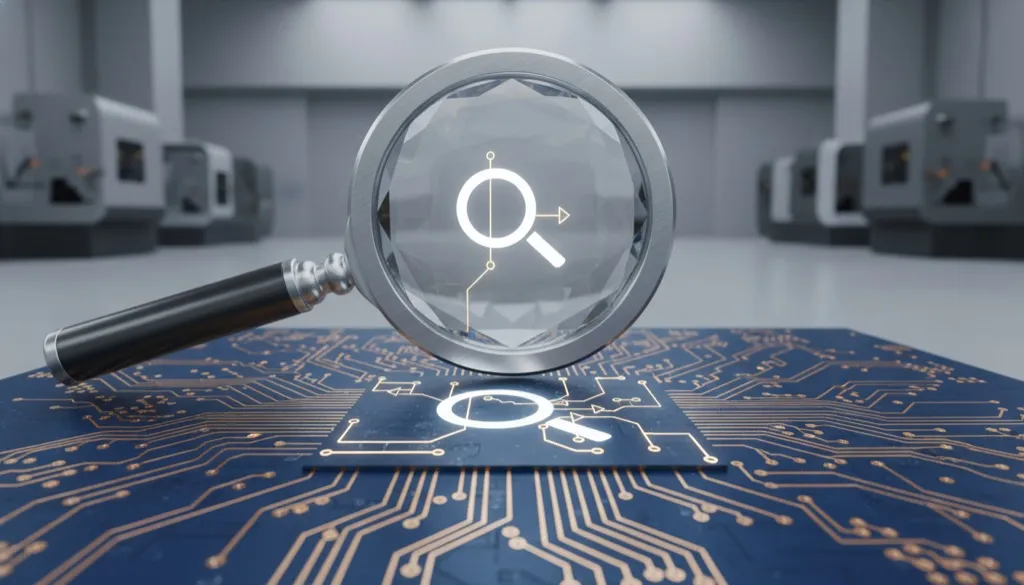 Lupa futurista sobre placa de circuito eletrônico azul, revelando ícone de busca e conexões, simbolizando precisão técnica em SEO B2B.