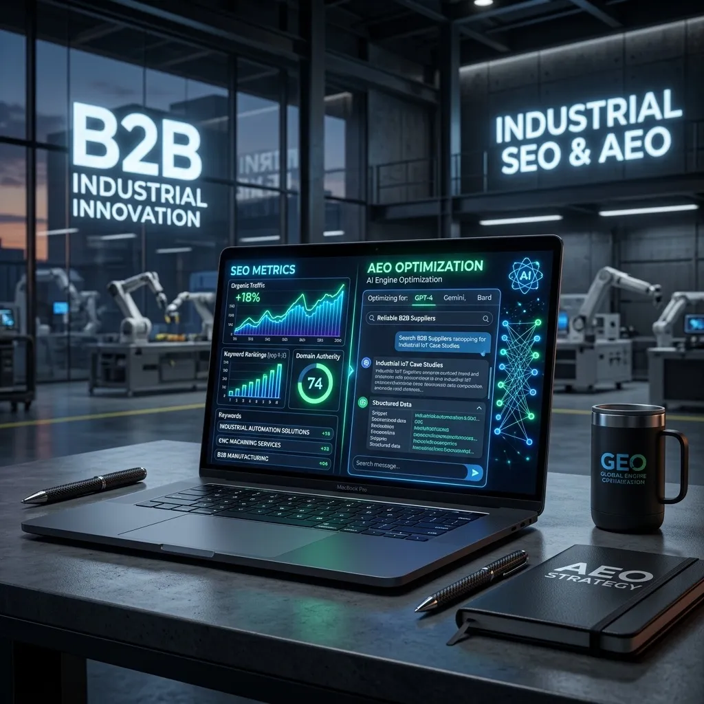 Industrial engineer analyzing SEO results on laptop with dashboard showing technical rankings and qualified B2B lead generation.