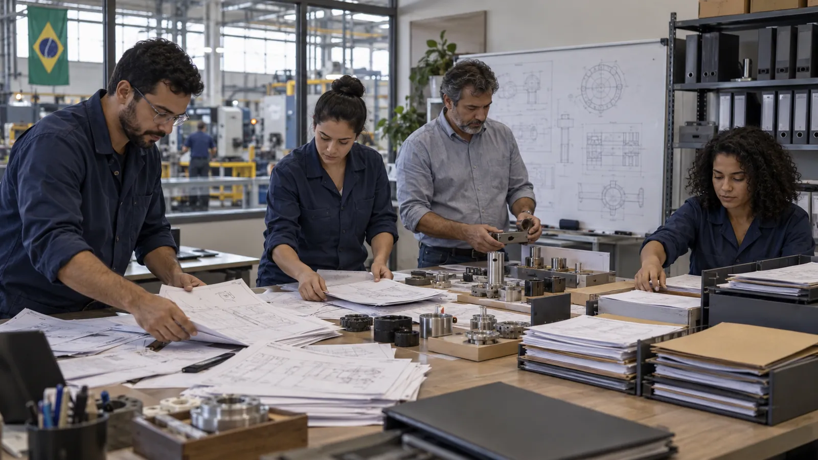 Engenheiros organizam desenhos e amostras para estruturar conhecimento industrial para AEO