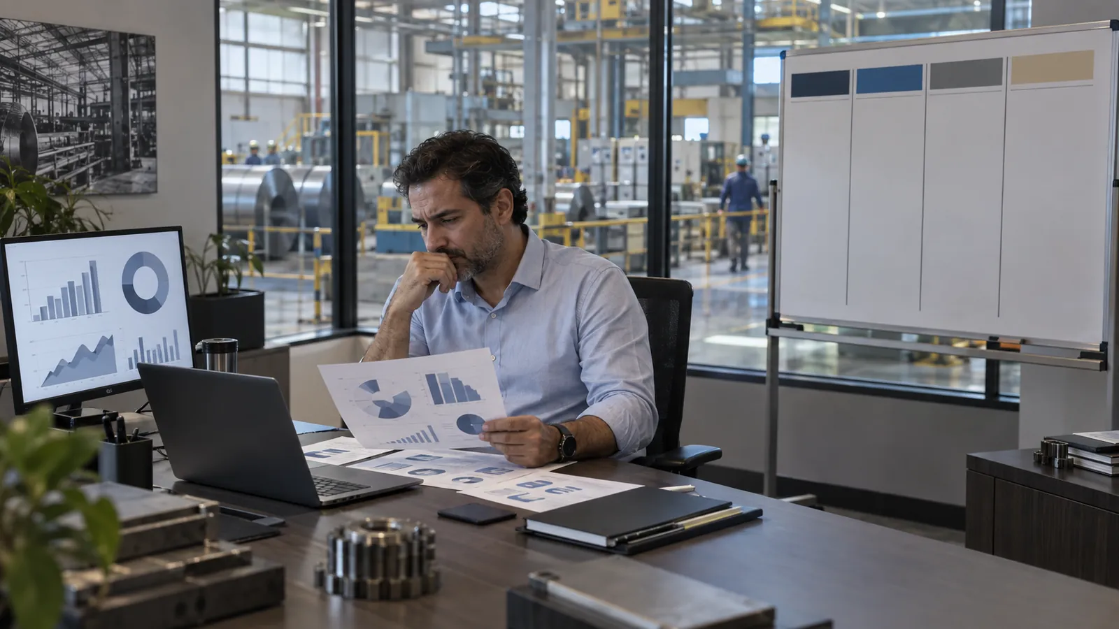 Marketing report without industrial sales An executive compares marketing charts with an empty pipeline and no industrial sales
